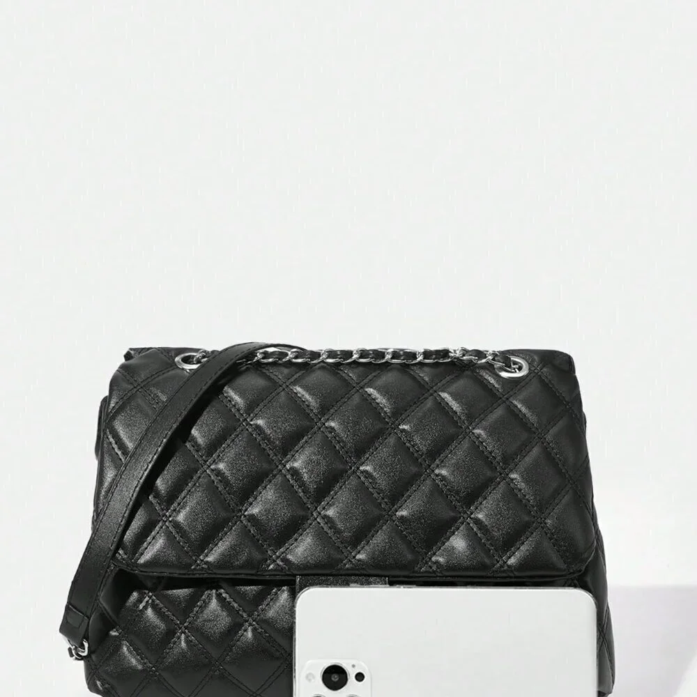 Black Elegant Women's Large Capacity Rhombic Pattern Crossbody Bag